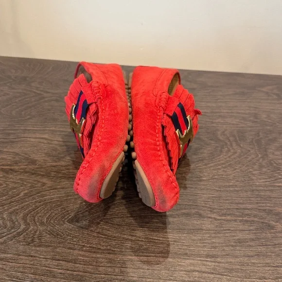 Tory Burch. Red Suede Loafers with dark blue.Gold metal Accent . Authentic - Picture 10 of 12
